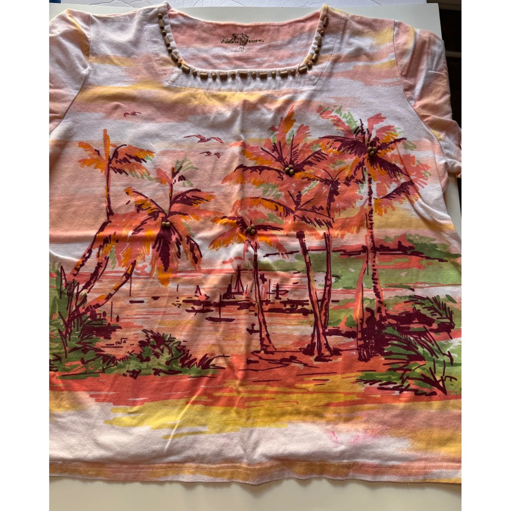 Palm Grove Tropical Sunset Palm Tree Beaded Neckline Top XL Pink Orange